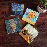 Pinecone SC154 4 Parça Set 10x10 cm Stone Coasters Van Gogh Balıkçı Tekneleri On İki Ayçiçekli Vazo Yıldızlı Gece Otoportre Taş Bardak Altlığı Masaüstü Koruyucu Altlık