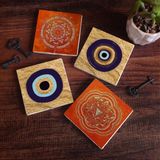 Pinecone SC302 Stone Coasters Nazar Sri Yantra Mandala 4 Parça 10x10 cm Masaüstü Taş Bardak Altlığı