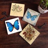 Pinecone SC314 Stone Coasters Vintage Çiçek Kelebek 4 Parça 10x10 cm Masaüstü Taş Bardak Altlığı