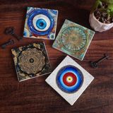 Pinecone SC393 4 Parça Set 10x10 cm Stone Coasters Nazar Yaşam Çiçeği Sri Yantra Taş Bardak Altlığı Masaüstü Koruyucu Altlık