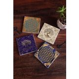 Pinecone SC492 Stone Coasters Yaşam Çiçeği Hayat Ağacı 4 Parça 10x10 cm Masaüstü Taş Bardak Altlığı