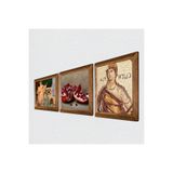Pinecone Soteria Mozaiği, İki Müzisyen Kız Tablosu, Nar Taş Duvar Tablosu - Ahşap Çerçeveli Taş Tablo - 25x25 cm - 3 Parça Set - Dekoratif Duvar Sanatı - Modern Ev ve Ofis Duvar Dekoru W3-1474