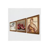 Pinecone Soteria Mozaiği, Leonardo da Vinci At Heykeli, Nar Taş Duvar Tablosu - Ahşap Çerçeveli Taş Tablo - 25x25 cm - 3 Parça Set - Dekoratif Duvar Sanatı - Modern Ev ve Ofis Duvar Dekoru W3-1298