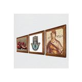 Pinecone Soteria Mozaiği, Nar, Fatma Ana Eli (Hamsa) Taş Duvar Tablosu - Ahşap Çerçeveli Taş Tablo - 25x25 cm - 3 Parça Set - Dekoratif Duvar Sanatı - Modern Ev ve Ofis Duvar Dekoru W3-722