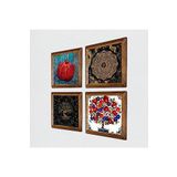 Pinecone Sri Yantra, Hayat Ağacı, Nar Ağacı, Nar Taş Duvar Tablosu - Ahşap Çerçeveli Taş Tablo - 25x25 cm - 4 Parça Set - Dekoratif Duvar Sanatı - Modern Ev ve Ofis Duvar Dekoru W4-1049