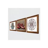 Pinecone Sri Yantra, Nar, Fatma Ana Eli (Hamsa) Taş Duvar Tablosu - Ahşap Çerçeveli Taş Tablo - 25x25 cm - 3 Parça Set - Dekoratif Duvar Sanatı - Modern Ev ve Ofis Duvar Dekoru W3-741