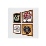 Pinecone Sri Yantra, Nazar, Şahmeran, Nar Ağacı Taş Duvar Tablosu - Ahşap Çerçeveli Taş Tablo - 25x25 cm - 4 Parça Set - Dekoratif Duvar Sanatı - Modern Ev ve Ofis Duvar Dekoru W4-1014