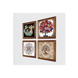 Pinecone Sri Yantra, Şahmeran, Hayat Ağacı, Nar Ağacı Taş Duvar Tablosu - Ahşap Çerçeveli Taş Tablo - 25x25 cm - 4 Parça Set - Dekoratif Duvar Sanatı - Modern Ev ve Ofis Duvar Dekoru W4-1013