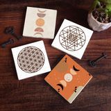 Pinecone Stone Bohem, Minimalist Soyut, Yaşam Çiçeği, Sri Yantra Taş Bardak Altlığı – 4’lü Set, 10x10 cm Dekoratif Masaüstü Koruyucu Doğaltaş Altlık |SC456|