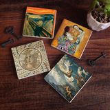 Pinecone Stone Çığlık, Mozaik Serisi, Gustav Klimt Aile Kucaklama, Ruhların Geçişi Louis Janmot Taş Bardak Altlığı – 4’lü Set, 10x10 cm Dekoratif Masaüstü Koruyucu Doğaltaş Altlık |SC593|