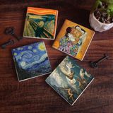 Pinecone Stone Çığlık, Van Gogh Yıldızlı Gece, Klimt Aile Kucaklama, Ruhların Geçişi Taş Bardak Altlığı – 4’lü Set, 10x10 cm Dekoratif Masaüstü Koruyucu Doğaltaş Altlık |SC591|