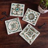 Pinecone Stone Çini Sanatı Taş Bardak Altlığı – 4’lü Set, 10x10 cm Dekoratif Masaüstü Koruyucu Doğaltaş Altlık |SC146|
