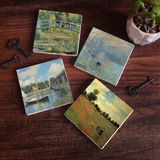 Pinecone Stone Claude Monet Argenteuil'de Köprü, Gelincikler, İzlenim Gün Doğumu, Nilüfer Gölü Taş Bardak Altlığı – 4’lü Set, 10x10 cm Dekoratif Masaüstü Koruyucu Doğaltaş Altlık |SC527|