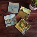 Pinecone Stone Claude Monet Bahçede, Argenteuil'de Köprü, Gelincikler, İzlenim Gün Doğumu Taş Bardak Altlığı – 4’lü Set, 10x10 cm Dekoratif Masaüstü Koruyucu Doğaltaş Altlık |SC480|