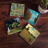 Pinecone Stone Claude Monet Sonbahar, Bahçedeki Kadın, Gelincikler, Nilüfer Gölü Taş Bardak Altlığı – 4’lü Set, 10x10 cm Dekoratif Masaüstü Koruyucu Doğaltaş Altlık |SC535|