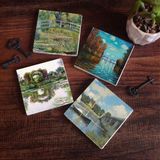 Pinecone Stone Claude Monet Sonbahar, Gül Çiçekli Kemer, Argenteuil'de Köprü, Nilüfer Gölü Taş Bardak Altlığı – 4’lü Set, 10x10 cm Dekoratif Masaüstü Koruyucu Doğaltaş Altlık |SC533|