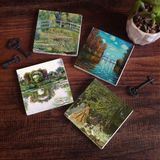 Pinecone Stone Claude Monet Sonbahar, Gül Çiçekli Kemer, Kırda Öğle Yemeği, Nilüfer Gölü Taş Bardak Altlığı – 4’lü Set, 10x10 cm Dekoratif Masaüstü Koruyucu Doğaltaş Altlık |SC531|