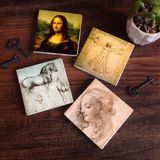 Pinecone Stone Da Vinci Mona Lisa, Genç Bir Kadının Baş Profili, Vitruvius Adamı, At Heykeli Taş Bardak Altlığı – 4’lü Set, 10x10 cm Dekoratif Masaüstü Koruyucu Doğaltaş Altlık |SC137|