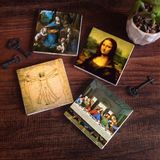 Pinecone Stone Da Vinci Son Akşam Yemeği, Kayalıklar Bakiresi, Mona Lisa, Vitruvius Adamı Taş Bardak Altlığı – 4’lü Set, 10x10 cm Dekoratif Masaüstü Koruyucu Doğaltaş Altlık |SC171|