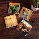 Pinecone Stone Dalí Belleğin Azmi, Çığlık, Gustav Klimt Aile Kucaklama, Da Vinci Vitruvius Adamı Taş Bardak Altlığı – 4’lü Set, 10x10 cm Dekoratif Masaüstü Koruyucu Doğaltaş Altlık |SC560|