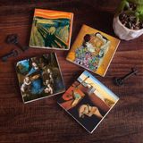 Pinecone Stone Dalí Belleğin Azmi, Da Vinci Kayalıklar Bakiresi, Çığlık, Klimt Aile Kucaklama Taş Bardak Altlığı – 4’lü Set, 10x10 cm Dekoratif Masaüstü Koruyucu Doğaltaş Altlık |SC585|