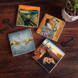 Pinecone Stone Dalí Belleğin Azmi, Michelangelo, Çığlık, Klimt Aile Kucaklama Taş Bardak Altlığı – 4’lü Set, 10x10 cm Dekoratif Masaüstü Koruyucu Doğaltaş Altlık |SC581|