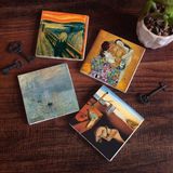 Pinecone Stone Dalí Belleğin Azmi, Monet Gün Doğumu, Çığlık, Klimt Aile Kucaklama Taş Bardak Altlığı – 4’lü Set, 10x10 cm Dekoratif Masaüstü Koruyucu Doğaltaş Altlık |SC541|