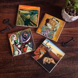 Pinecone Stone Dalí Belleğin Azmi, Picasso Ayna Karşısındaki Kız, Çığlık, Klimt Aile Kucaklama Taş Bardak Altlığı – 4’lü Set, 10x10 cm Dekoratif Masaüstü Koruyucu Doğaltaş Altlık |SC542|