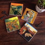 Pinecone Stone Dalí Belleğin Azmi, Van Gogh Arles'te Kırmızı Bağ, Çığlık, Klimt Aile Kucaklama Taş Bardak Altlığı – 4’lü Set, 10x10 cm Dekoratif Masaüstü Koruyucu Doğaltaş Altlık |SC554|