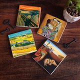 Pinecone Stone Dalí Belleğin Azmi, Van Gogh Hasat Manzarası, Çığlık, Klimt Aile Kucaklama Taş Bardak Altlığı – 4’lü Set, 10x10 cm Dekoratif Masaüstü Koruyucu Doğaltaş Altlık |SC556|