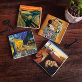 Pinecone Stone Dalí Belleğin Azmi, Van Gogh Kafe Terasta Gece, Çığlık, Klimt Aile Kucaklama Taş Bardak Altlığı – 4’lü Set, 10x10 cm Dekoratif Masaüstü Koruyucu Doğaltaş Altlık |SC584|