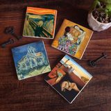 Pinecone Stone Dalí Belleğin Azmi, Van Gogh Kilise, Çığlık, Klimt Aile Kucaklama Taş Bardak Altlığı – 4’lü Set, 10x10 cm Dekoratif Masaüstü Koruyucu Doğaltaş Altlık |SC548|