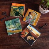 Pinecone Stone Dalí Belleğin Azmi, Van Gogh Oise Bankası, Çığlık, Klimt Aile Kucaklama Taş Bardak Altlığı – 4’lü Set, 10x10 cm Dekoratif Masaüstü Koruyucu Doğaltaş Altlık |SC545|