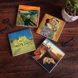 Pinecone Stone Dalí Belleğin Azmi, Van Gogh Sarı Ev, Çığlık, Gustav Klimt Aile Kucaklama Taş Bardak Altlığı – 4’lü Set, 10x10 cm Dekoratif Masaüstü Koruyucu Doğaltaş Altlık |SC557|