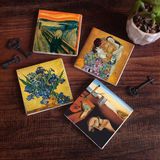 Pinecone Stone Dalí Belleğin Azmi, Van Gogh Süsenler, Çığlık, Gustav Klimt Aile Kucaklama Taş Bardak Altlığı – 4’lü Set, 10x10 cm Dekoratif Masaüstü Koruyucu Doğaltaş Altlık |SC549|