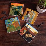 Pinecone Stone Dalí Belleğin Azmi, Van Gogh Yatak Odası, Çığlık, Klimt Aile Kucaklama Taş Bardak Altlığı – 4’lü Set, 10x10 cm Dekoratif Masaüstü Koruyucu Doğaltaş Altlık |SC553|