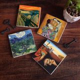Pinecone Stone Dalí Belleğin Azmi, Van Gogh Zeytin Ağaçları, Çığlık, Klimt Aile Kucaklama Taş Bardak Altlığı – 4’lü Set, 10x10 cm Dekoratif Masaüstü Koruyucu Doğaltaş Altlık |SC558|