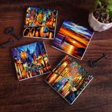 Pinecone Stone Deniz Manzarası, Köprü Manzarası, Sokak Manzarası, Fenerler Taş Bardak Altlığı – 4’lü Set, 10x10 cm Dekoratif Masaüstü Koruyucu Doğaltaş Altlık |SC265|