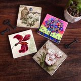 Pinecone Stone Ebru Sanatı Lale, Kelebekli Çiçek, Karla Gerard Hayat Ağacı Taş Bardak Altlığı – 4’lü Set, 10x10 cm Dekoratif Masaüstü Koruyucu Doğaltaş Altlık |SC180|