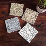 Pinecone Stone Etnik Desen Taş Bardak Altlığı – 4’lü Set, 10x10 cm Dekoratif Masaüstü Koruyucu Doğaltaş Altlık |SC275|