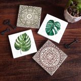 Pinecone Stone Etnik Desen, Yaprak Taş Bardak Altlığı – 4’lü Set, 10x10 cm Dekoratif Masaüstü Koruyucu Doğaltaş Altlık |SC423|