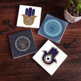 Pinecone Stone Fatma Ana Eli (Hamsa), Nazar Ağaç Taş Bardak Altlığı – 4’lü Set, 10x10 cm Dekoratif Masaüstü Koruyucu Doğaltaş Altlık |SC317|