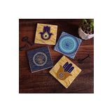 Pinecone Stone Fatma Ana Eli (Hamsa), Nazar Ağaç Taş Bardak Altlığı Seti - 4 Parça - Dekoratif, Rustik Mutfak Aksesuarı, 10x10 cm, Kaydırmaz Tabanlı, Şık ve Dayanıklı SC316