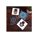 Pinecone Stone Fatma Ana Eli (Hamsa), Nazar Ağaç Taş Bardak Altlığı Seti - 4 Parça - Dekoratif, Rustik Mutfak Aksesuarı, 10x10 cm, Kaydırmaz Tabanlı, Şık ve Dayanıklı SC317