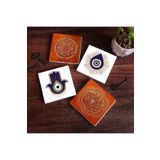 Pinecone Stone Fatma Ana Eli (Hamsa), Nazar, Sri Yantra, Mandala Taş Bardak Altlığı Seti - 4 Parça - Dekoratif, Rustik Mutfak Aksesuarı, 10x10 cm, Kaydırmaz Tabanlı, Şık ve Dayanıklı SC298
