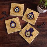 Pinecone Stone Fatma Ana Eli (Hamsa), Nazar Taş Bardak Altlığı – 4’lü Set, 10x10 cm Dekoratif Masaüstü Koruyucu Doğaltaş Altlık |SC243|