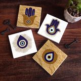 Pinecone Stone Fatma Ana Eli (Hamsa), Nazar Taş Bardak Altlığı – 4’lü Set, 10x10 cm Dekoratif Masaüstü Koruyucu Doğaltaş Altlık |SC247|