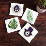 Pinecone Stone Fatma Ana Eli (Hamsa), Nazar, Yaprak Taş Bardak Altlığı – 4’lü Set, 10x10 cm Dekoratif Masaüstü Koruyucu Doğaltaş Altlık |SC354|