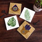 Pinecone Stone Fatma Ana Eli (Hamsa), Nazar, Yaprak Taş Bardak Altlığı – 4’lü Set, 10x10 cm Dekoratif Masaüstü Koruyucu Doğaltaş Altlık |SC360|