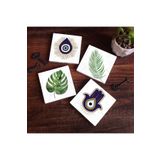 Pinecone Stone Fatma Ana Eli (Hamsa), Nazar, Yaprak Taş Bardak Altlığı Seti - 4 Parça - Dekoratif, Rustik Mutfak Aksesuarı, 10x10 cm, Kaydırmaz Tabanlı, Şık ve Dayanıklı SC354